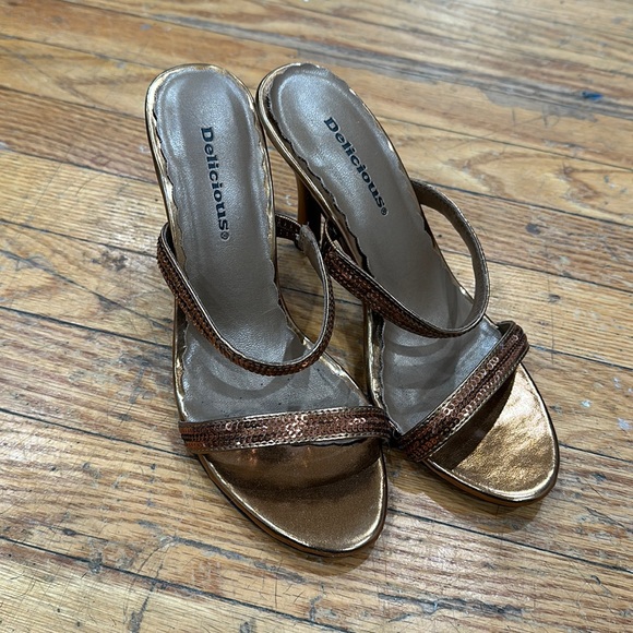 Delicious Shoes - Women’s Delicious Sequin Strappy Mule High Heel Sandals Shoes Metallic Copper 6